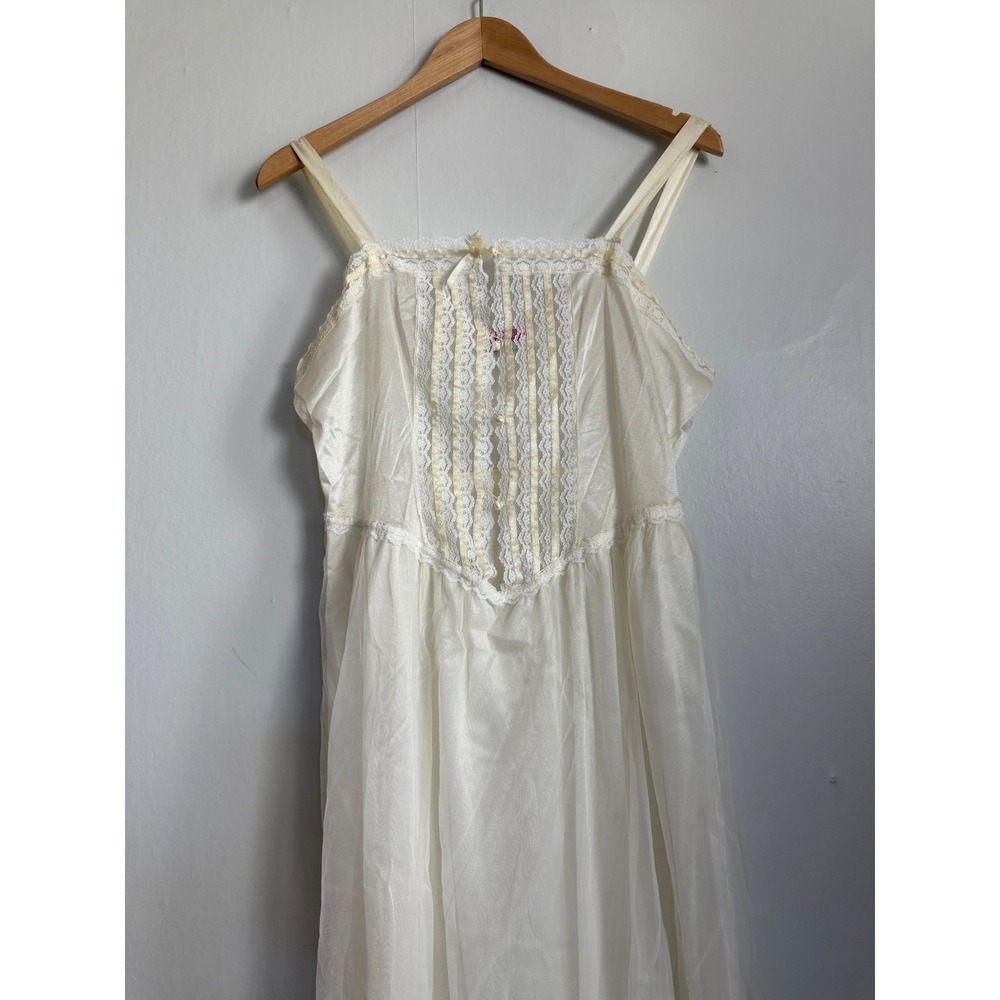 Vintage Cream Lace Trim Nightgown Sheer Maxi slip Pearl Detail romantic Wedding - Picture 2 of 16